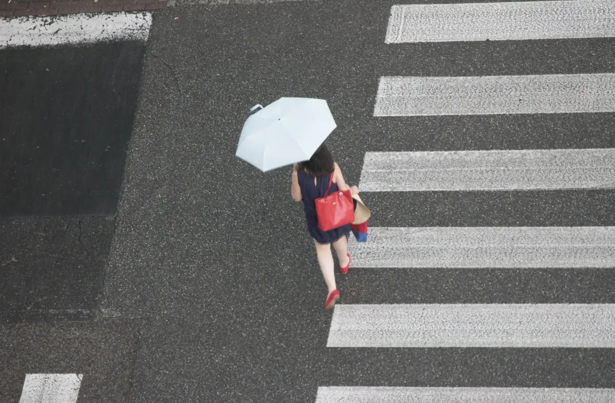 Pale umbrella and red bag crossing a dark zebra crossing